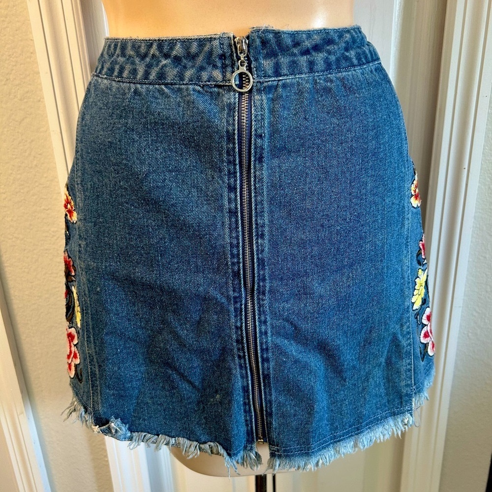 Honey Punch Denim Floral Embroidered Mini Skirt